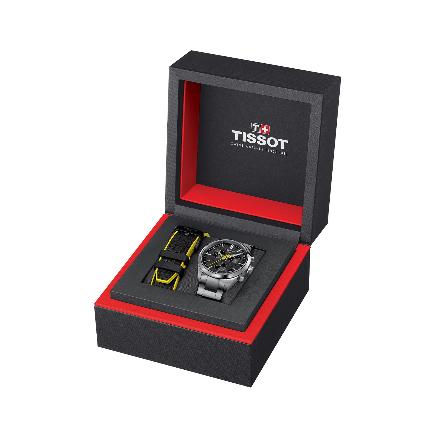Tissot, PR 100 Tour De France 2024, Quartz Men's Watch Tissot, PR 100 Tour De France 2024 with a 40mm stainless steel case and bracelet strap featuring a date function, chronograph and a black dial.