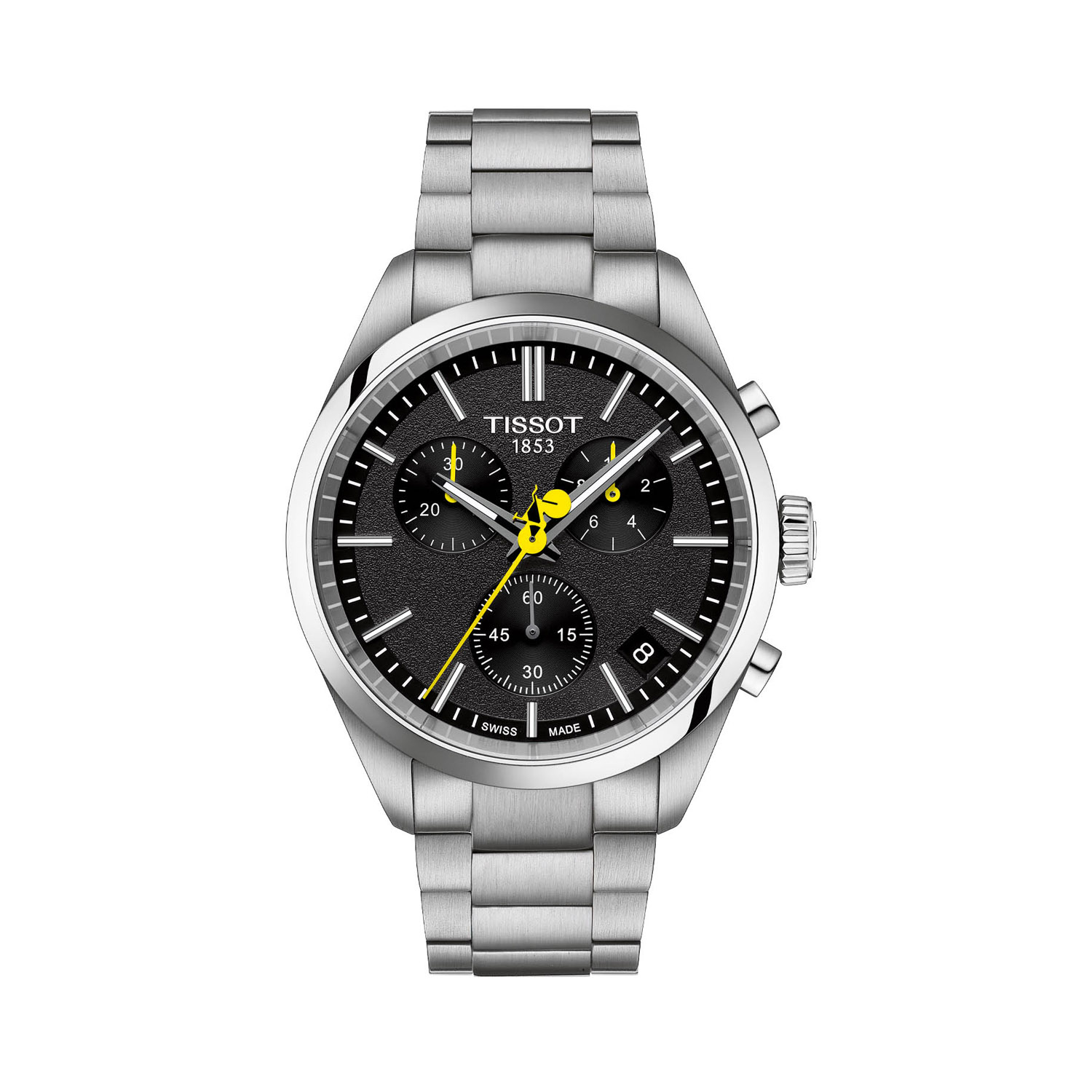 Tissot, PR 100 Tour De France 2024, Quartz Men's Watch Tissot, PR 100 Tour De France 2024 with a 40mm stainless steel case and bracelet strap featuring a date function, chronograph and a black dial.