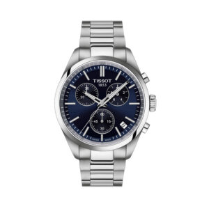 Tissot, PR 100 Chronograph with a 40mm stainless steel case and bracelet strap featuring a date function, chronograph and a blue dial.
