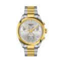 Tissot, PR 100 Chronograph with a 40mm stainless steel and yellow gold PVD coated case and bracelet strap featuring a date function, chronograph and a silver dial.