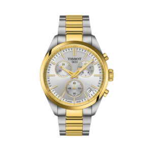Tissot, PR 100 Chronograph with a 40mm stainless steel and yellow gold PVD coated case and bracelet strap featuring a date function, chronograph and a silver dial.