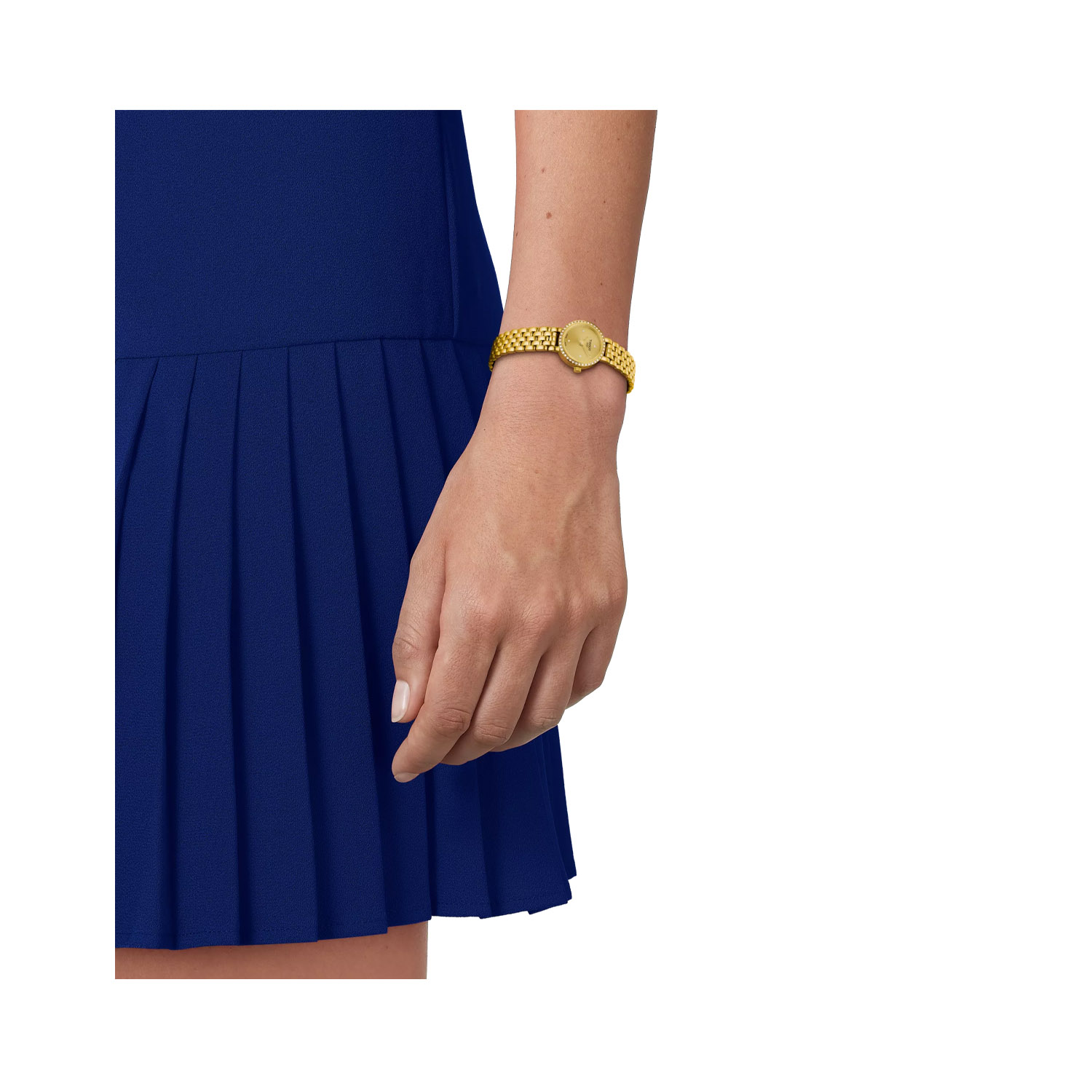 Tissot, Lovely with a 19.5mm stainless steel yellow gold PVD coated case and bracelet strap featuring a champagne coloured diamond set dial and bezel.