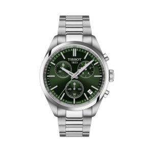 Tissot, PR 100 Chronograph with a 40mm stainless steel case and bracelet strap featuring a date function, chronograph and a green dial.