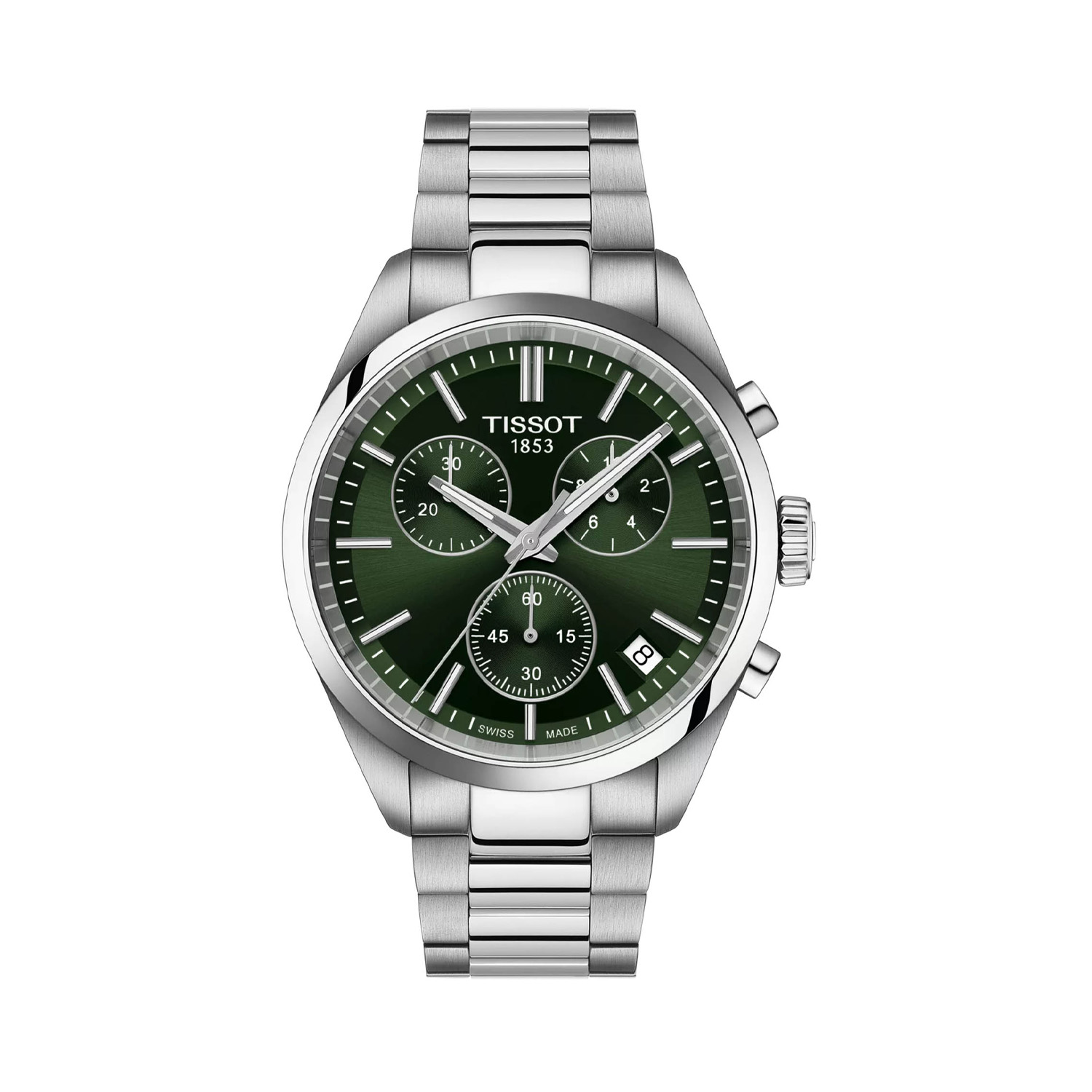 Tissot, PR 100 Chronograph Green, Quartz Men's Watch Tissot, PR 100 Chronograph with a 40mm stainless steel case and bracelet strap featuring a date function, chronograph and a green dial.