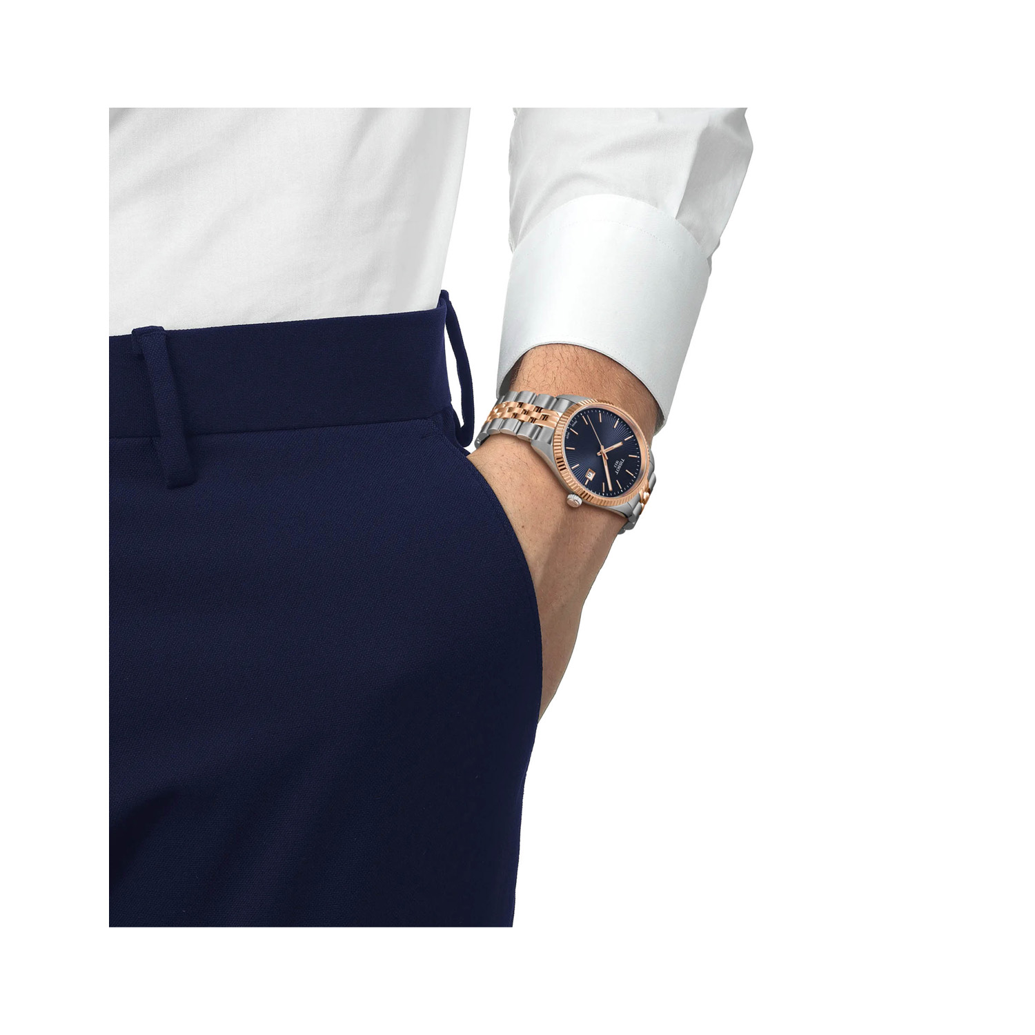 Tissot, Ballade with a 40mm stainless steel and rose gold PVD coated case and bracelet strap featuring a date function with a navy blue guilloché dial.