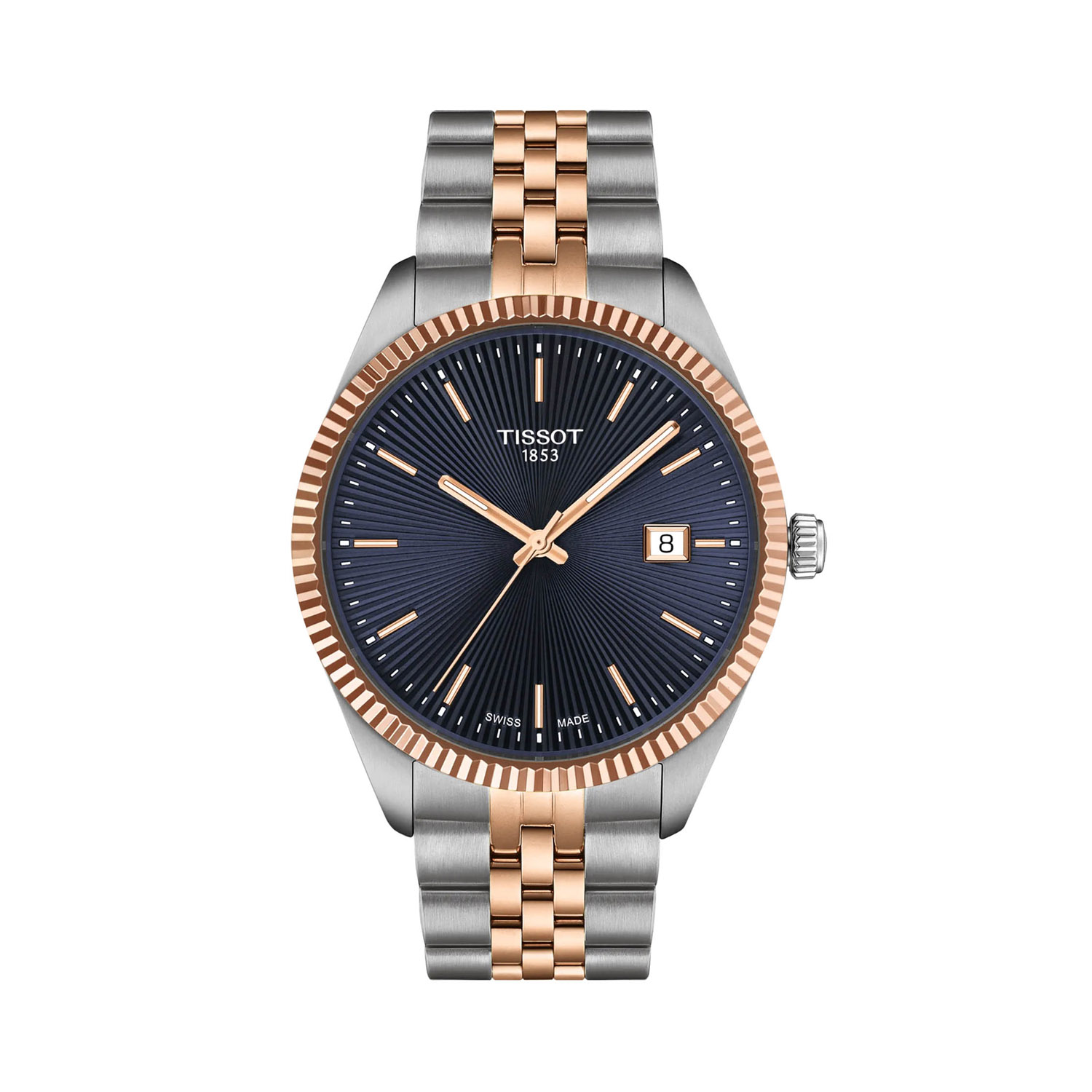Tissot, Ballade with a 40mm stainless steel and rose gold PVD coated case and bracelet strap featuring a date function with a navy blue guilloché dial.