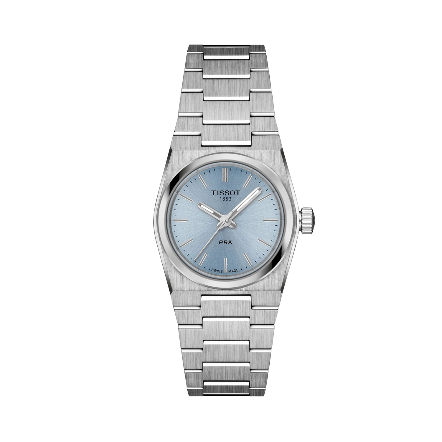 Tissot, PRX with a 25mm stainless steel case and bracelet strap featuring a blue dial.