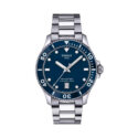 Tissot, Seastar 1000 with a 40mm stainless steel case and bracelet strap featuring a date function and a blue dial and bezel.