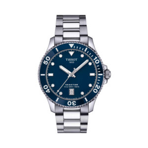 Tissot, Seastar 1000 with a 40mm stainless steel case and bracelet strap featuring a date function and a blue dial and bezel.
