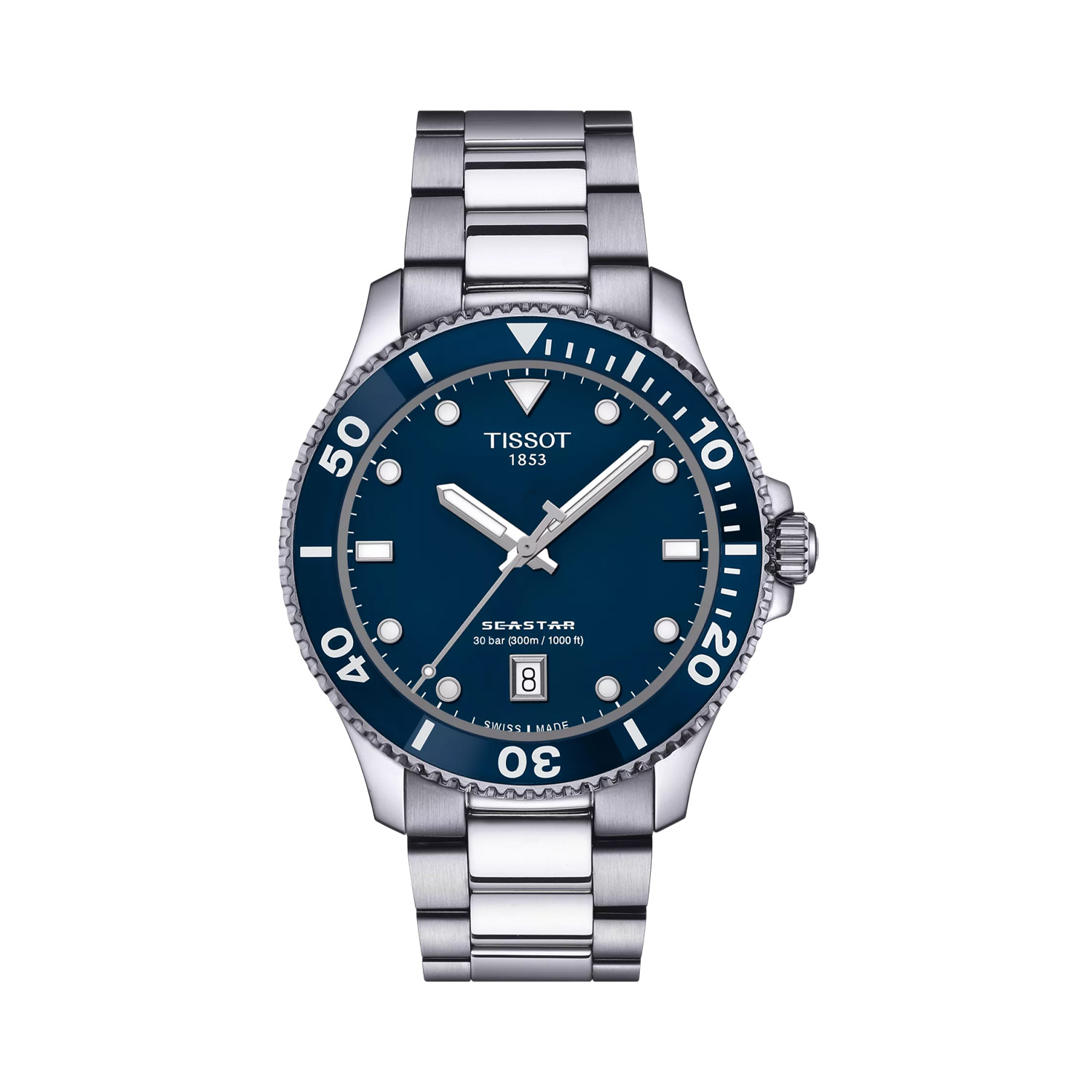 Tissot, Seastar 1000 with a 40mm stainless steel case and bracelet strap featuring a date function and a blue dial and bezel.