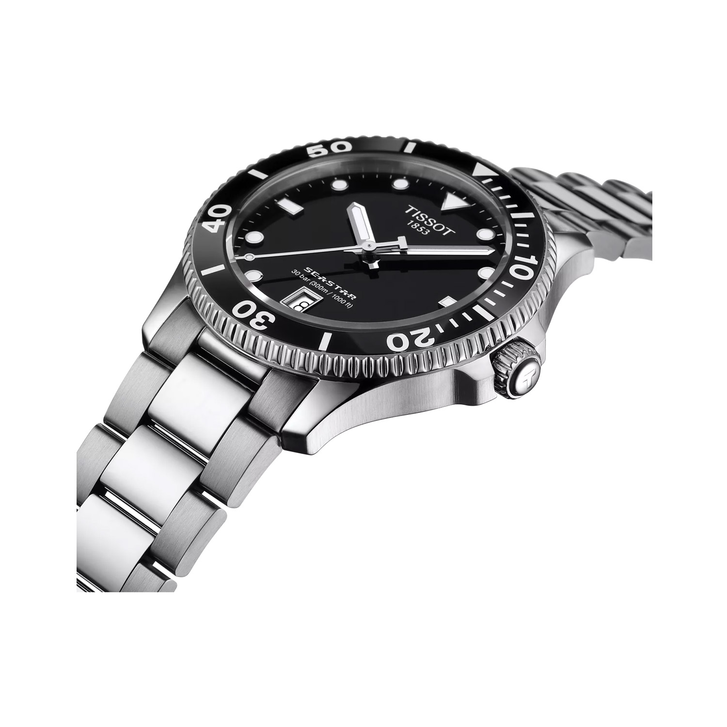 Tissot, Seastar 1000 Black, Quartz Men's Watch Tissot, Seastar 1000 with a 40mm stainless steel case and bracelet strap featuring a date function and a black dial and bezel.