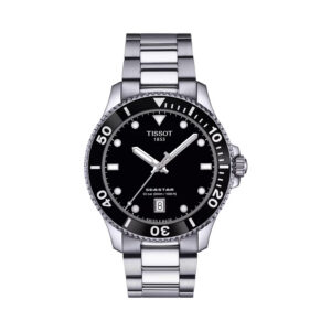 Tissot, Seastar 1000 with a 40mm stainless steel case and bracelet strap featuring a date function and a black dial and bezel.