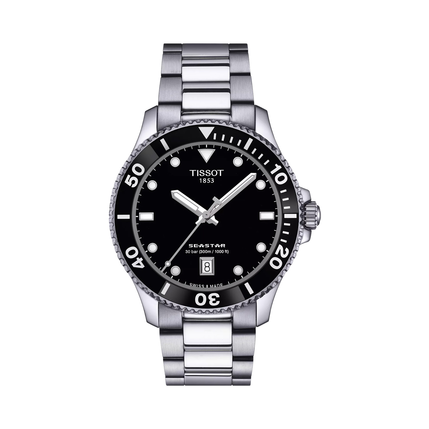 Tissot, Seastar 1000 Black, Quartz Men's Watch Tissot, Seastar 1000 with a 40mm stainless steel case and bracelet strap featuring a date function and a black dial and bezel.
