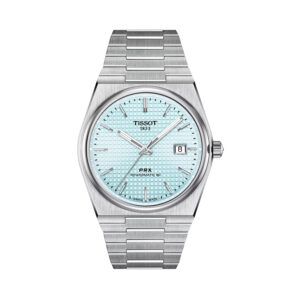 Tissot, PRX Powermatic 80 with a 40mm stainless steel case and bracelet strap featuring a date function and an ice blue coloured dial.