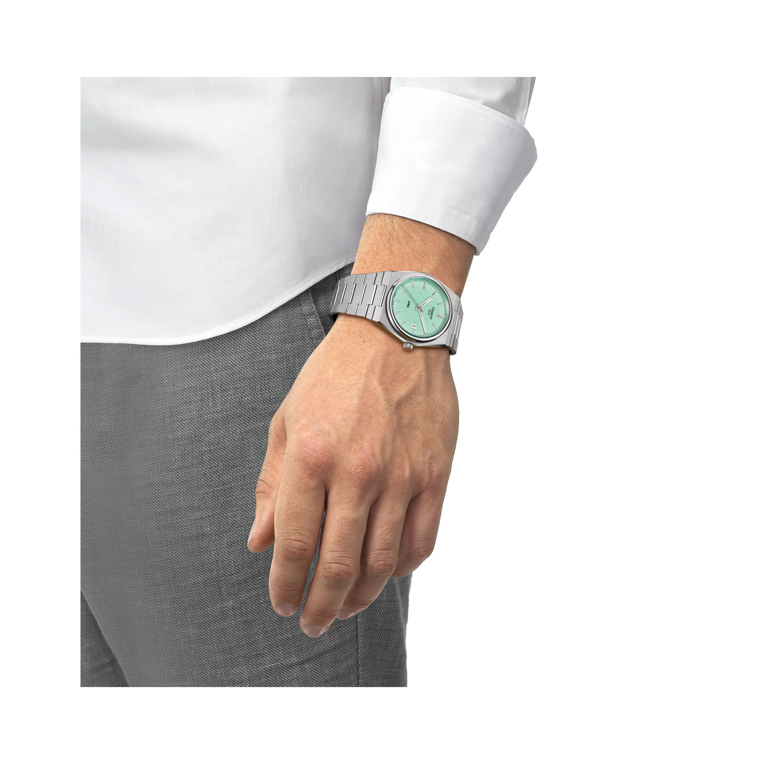 Tissot, PRX Mint Green, Quartz Men's Watch Tissot, PRX with a 40mm stainless steel case and bracelet strap featuring a date function and a mint green coloured dial.