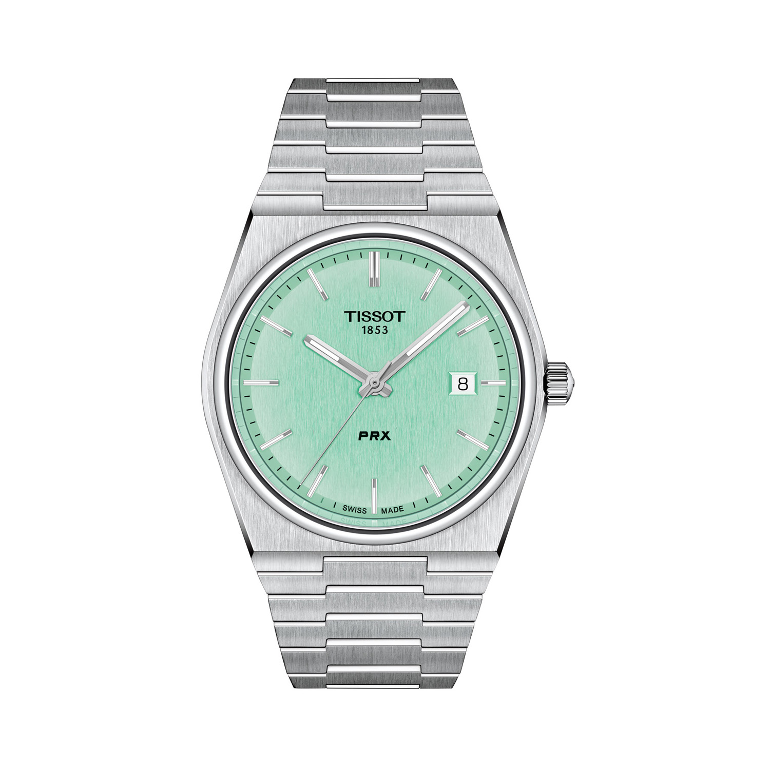 Tissot, PRX Mint Green, Quartz Men's Watch Tissot, PRX with a 40mm stainless steel case and bracelet strap featuring a date function and a mint green coloured dial.