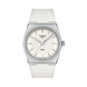 Tissot, PRX with a 40mm stainless steel case and white rubber strap featuring a date function and a white dial.