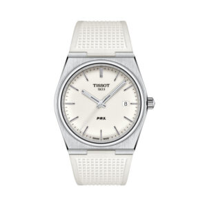 Tissot, PRX with a 40mm stainless steel case and white rubber strap featuring a date function and a white dial.