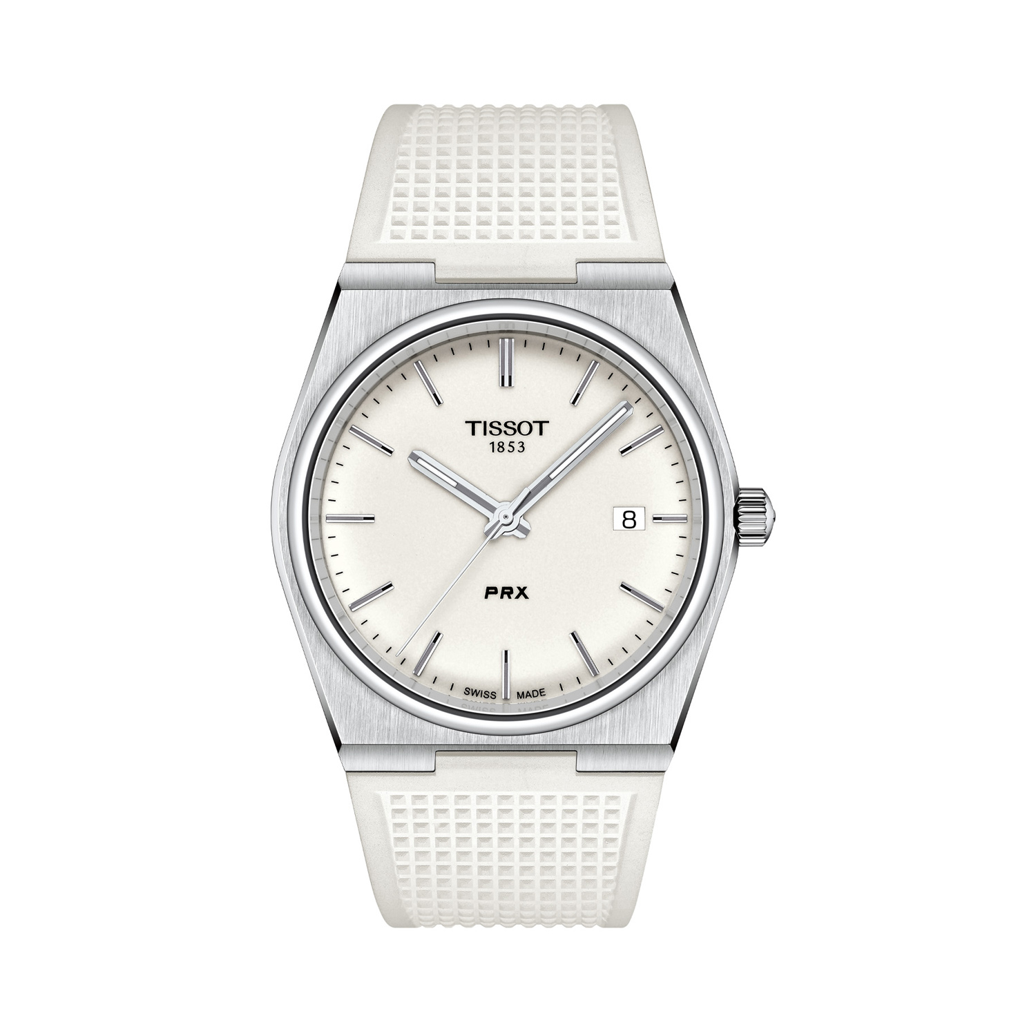 Tissot, PRX with a 40mm stainless steel case and white rubber strap featuring a date function and a white dial.