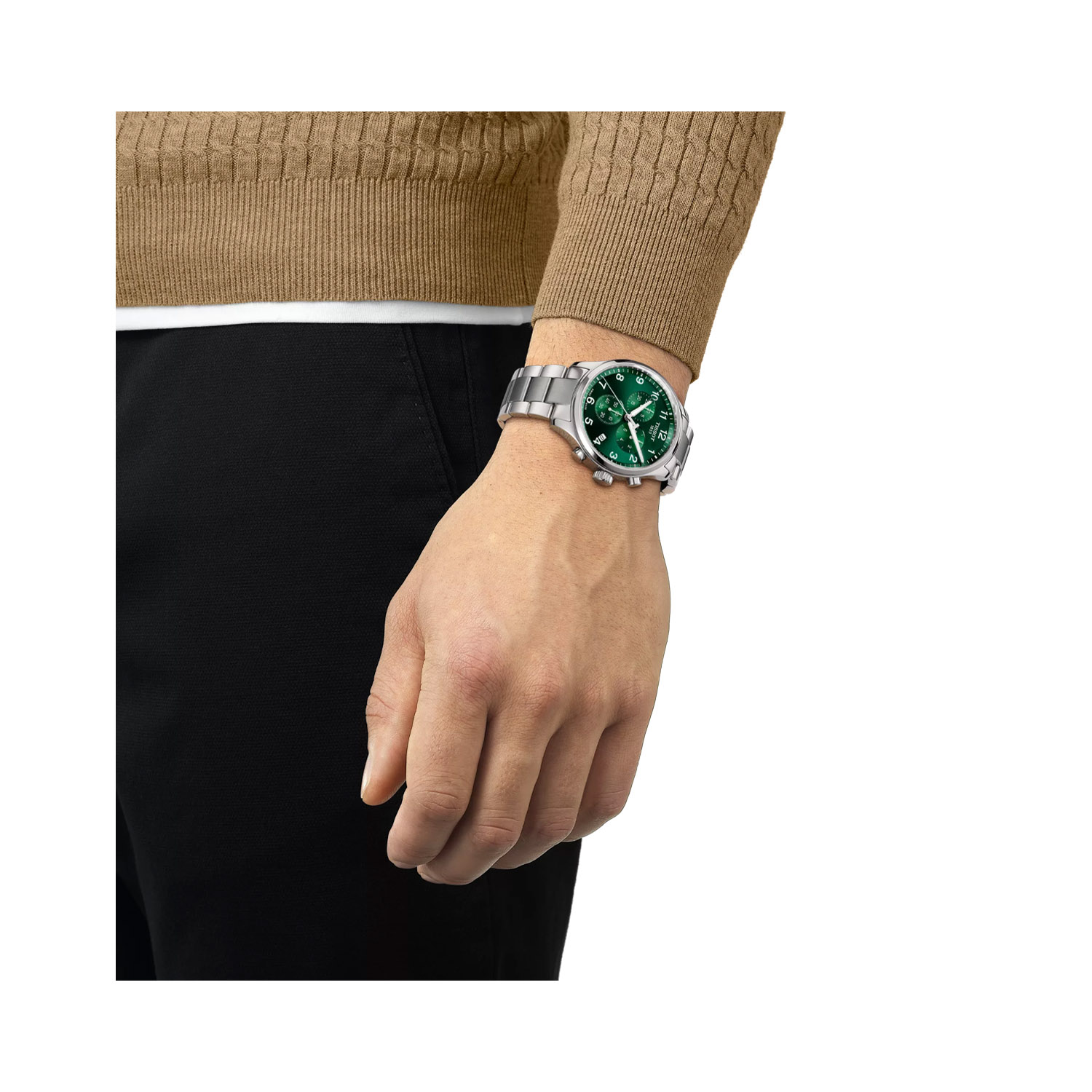 Tissot Chrono XL Classic with a 45mm stainless steel case and bracelet strap featuring a date function, chronograph and a green dial.