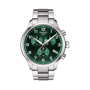 Tissot Chrono XL Classic with a 45mm stainless steel case and bracelet strap featuring a date function, chronograph and a green dial.
