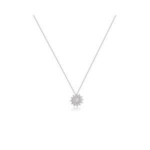 An 18ct white gold diamond set flower cluster pendant on a chain.