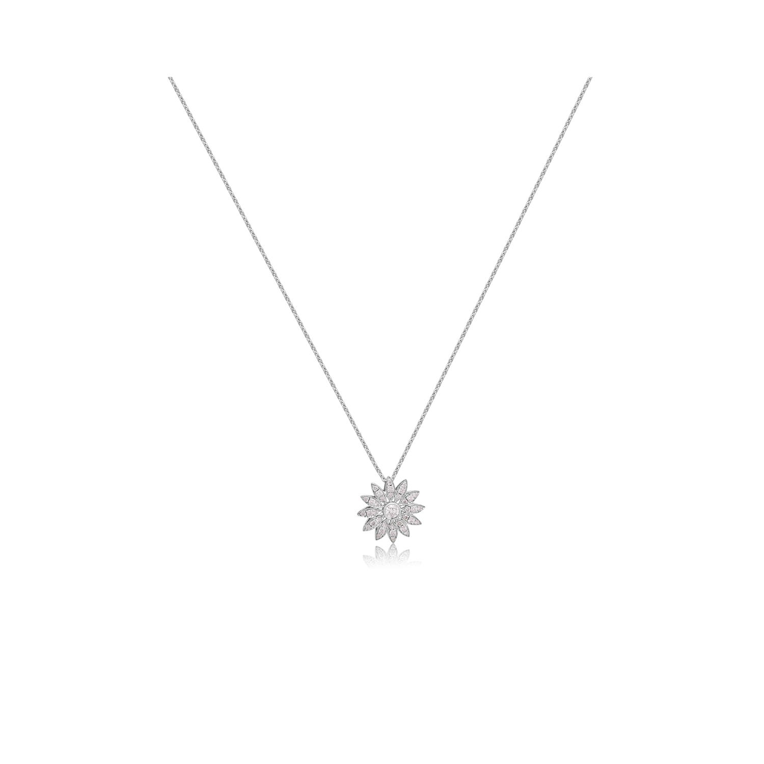 An 18ct white gold diamond set flower cluster pendant on a chain.
