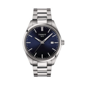 Tissot PR 100 with a 40mm stainless steel case and bracelet strap featuring a date function and a dark blue dial.