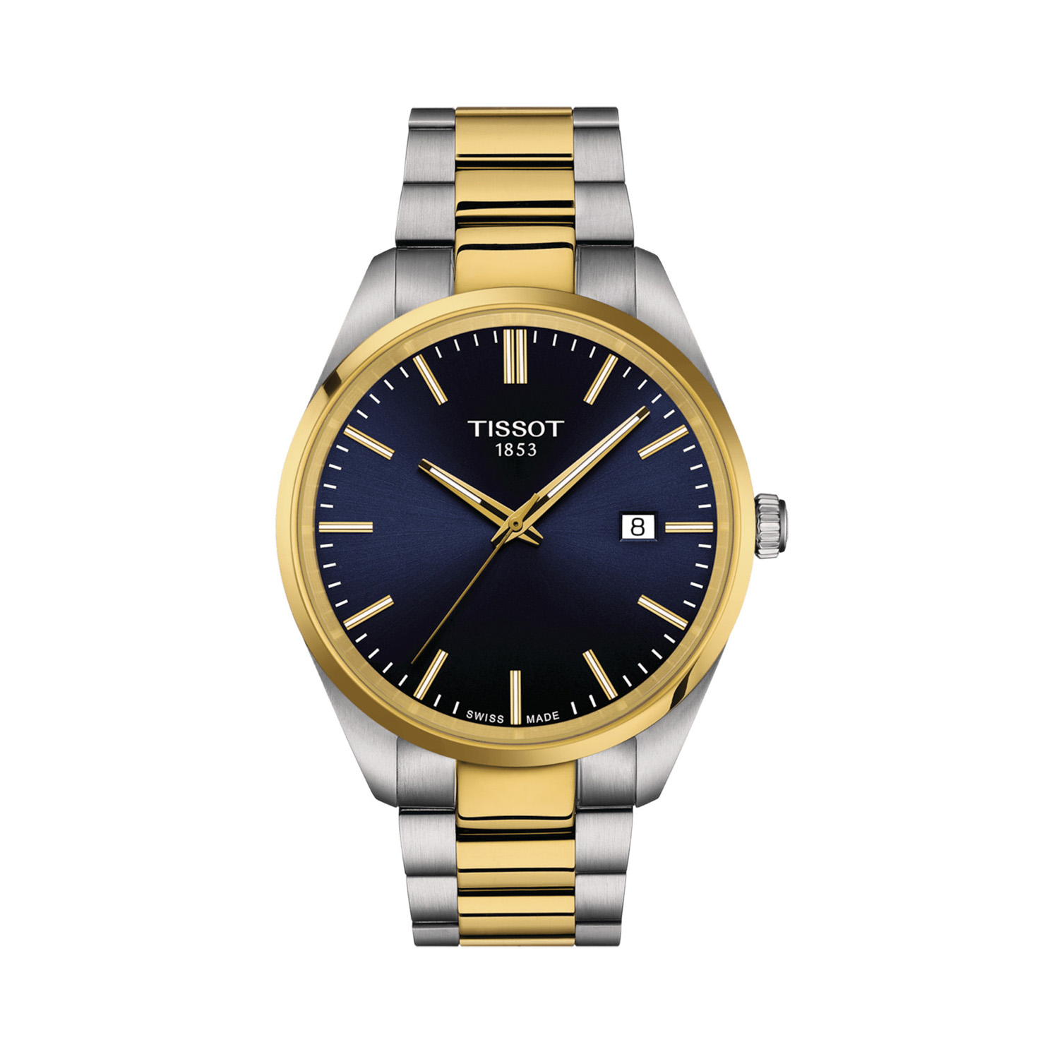 Tissot PR 100 Blue, Quartz Men's Watch Tissot PR 100 with a 40mm stainless steel and yellow gold PVD coated case and bracelet strap featuring a date funtion and a blue dial.