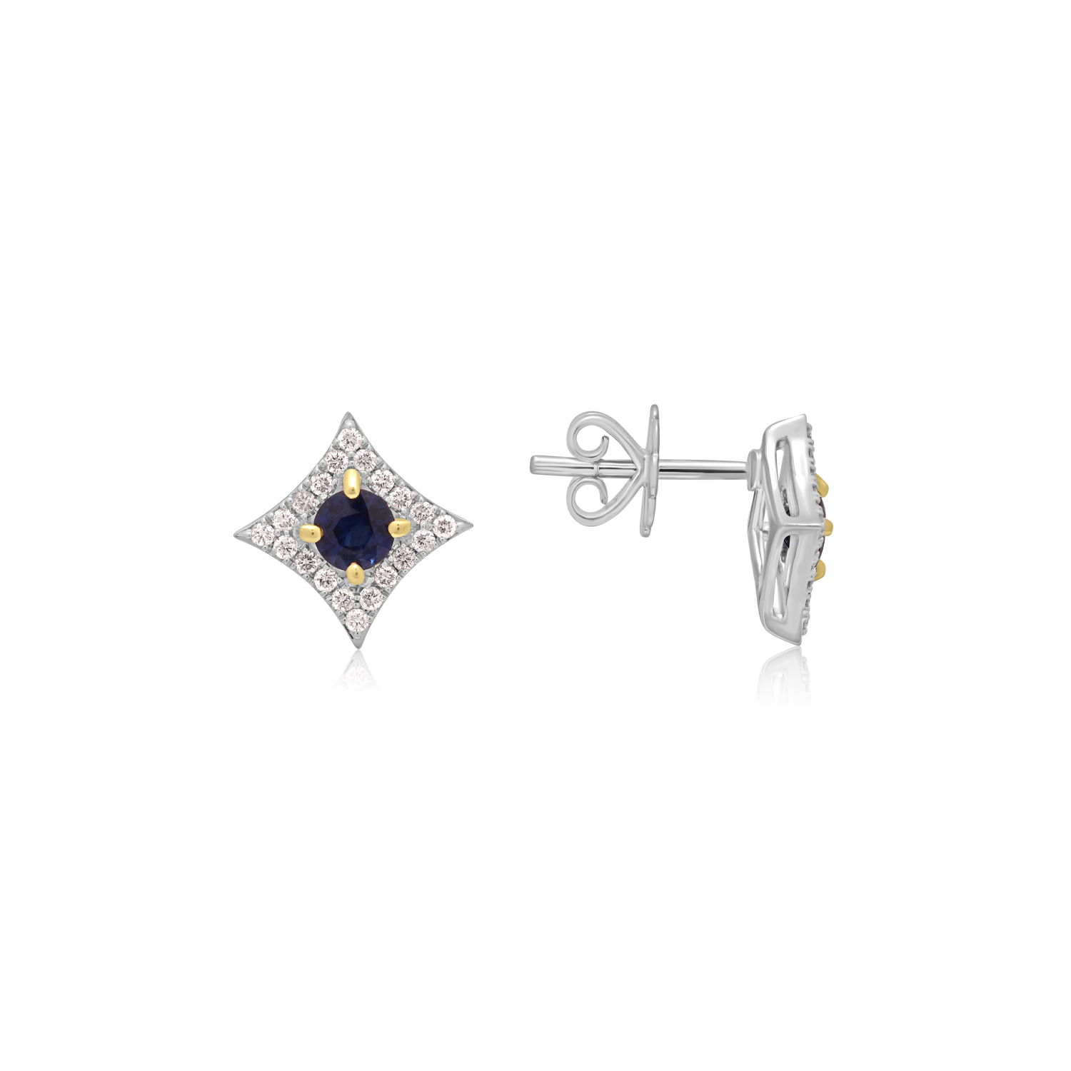 A pair of 18ct white gold round sapphire and diamond set cluster stud earrings with yellow gold claw settings, with a post and butterfly clip fastening. For pierced ears.