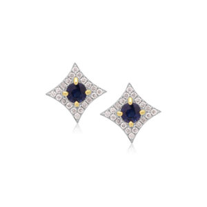 A pair of 18ct white gold round sapphire and diamond set cluster stud earrings with yellow gold claw settings, with a post and butterfly clip fastening. For pierced ears.
