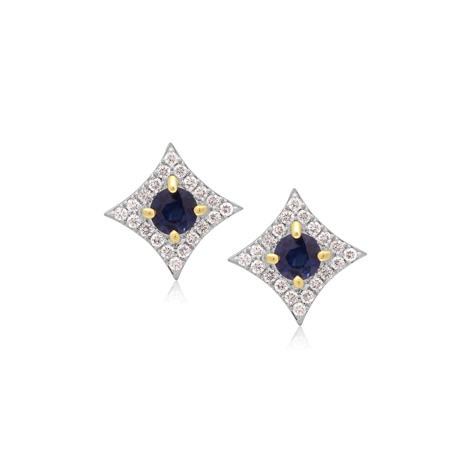 A pair of 18ct white gold round sapphire and diamond set cluster stud earrings with yellow gold claw settings, with a post and butterfly clip fastening. For pierced ears.