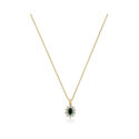 An 18ct yellow gold oval shaped emerald and round brilliant cut diamond cluster pendant on a cable chain.