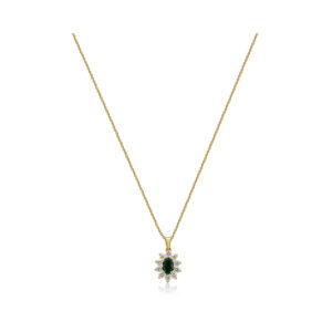 An 18ct yellow gold oval shaped emerald and round brilliant cut diamond cluster pendant on a cable chain.