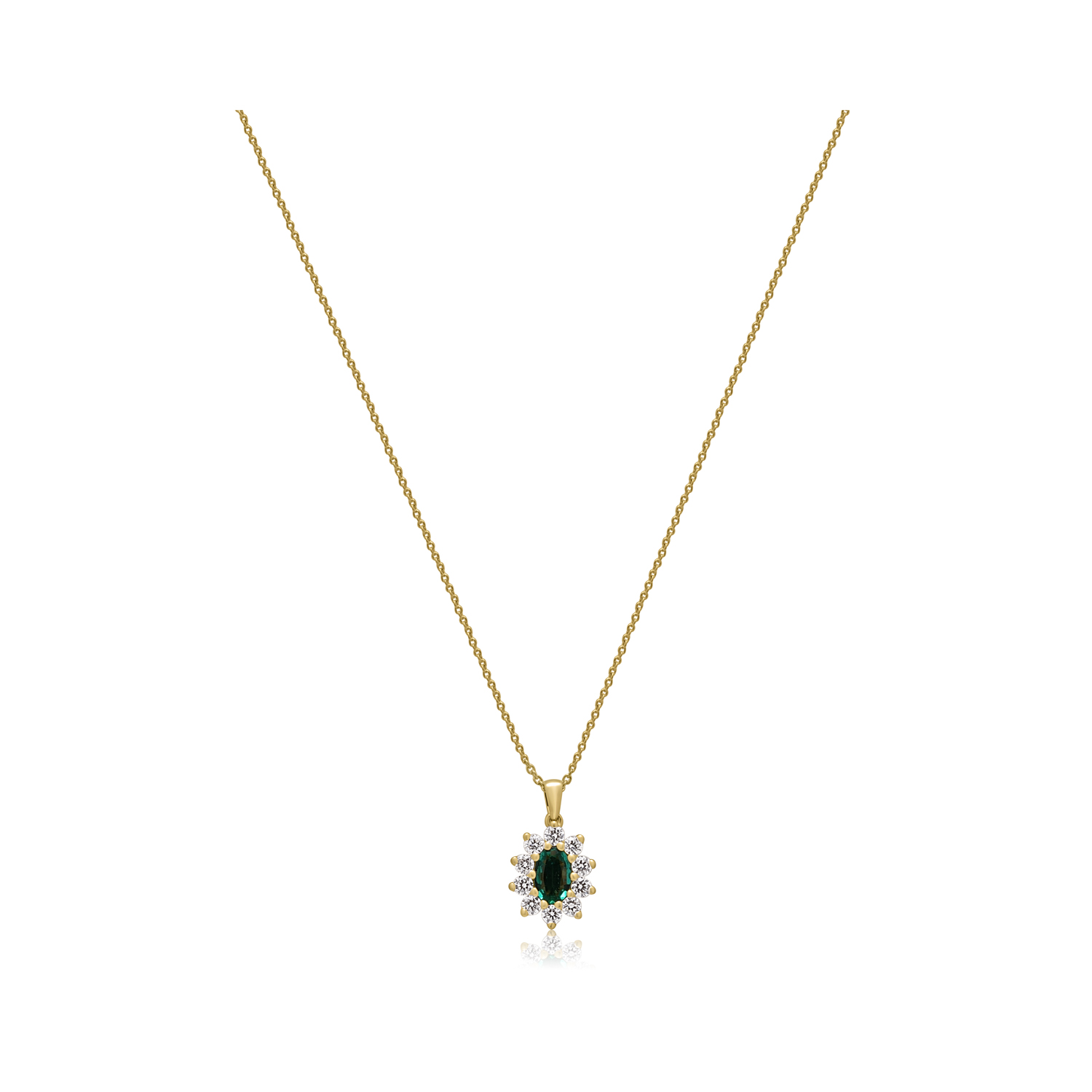 An 18ct yellow gold oval shaped emerald and round brilliant cut diamond cluster pendant on a cable chain.