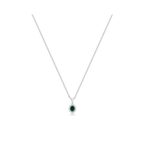 An 18ct white gold oval shaped emerald and round brilliant cut diamond set pendant on an adjustable cable chain.
