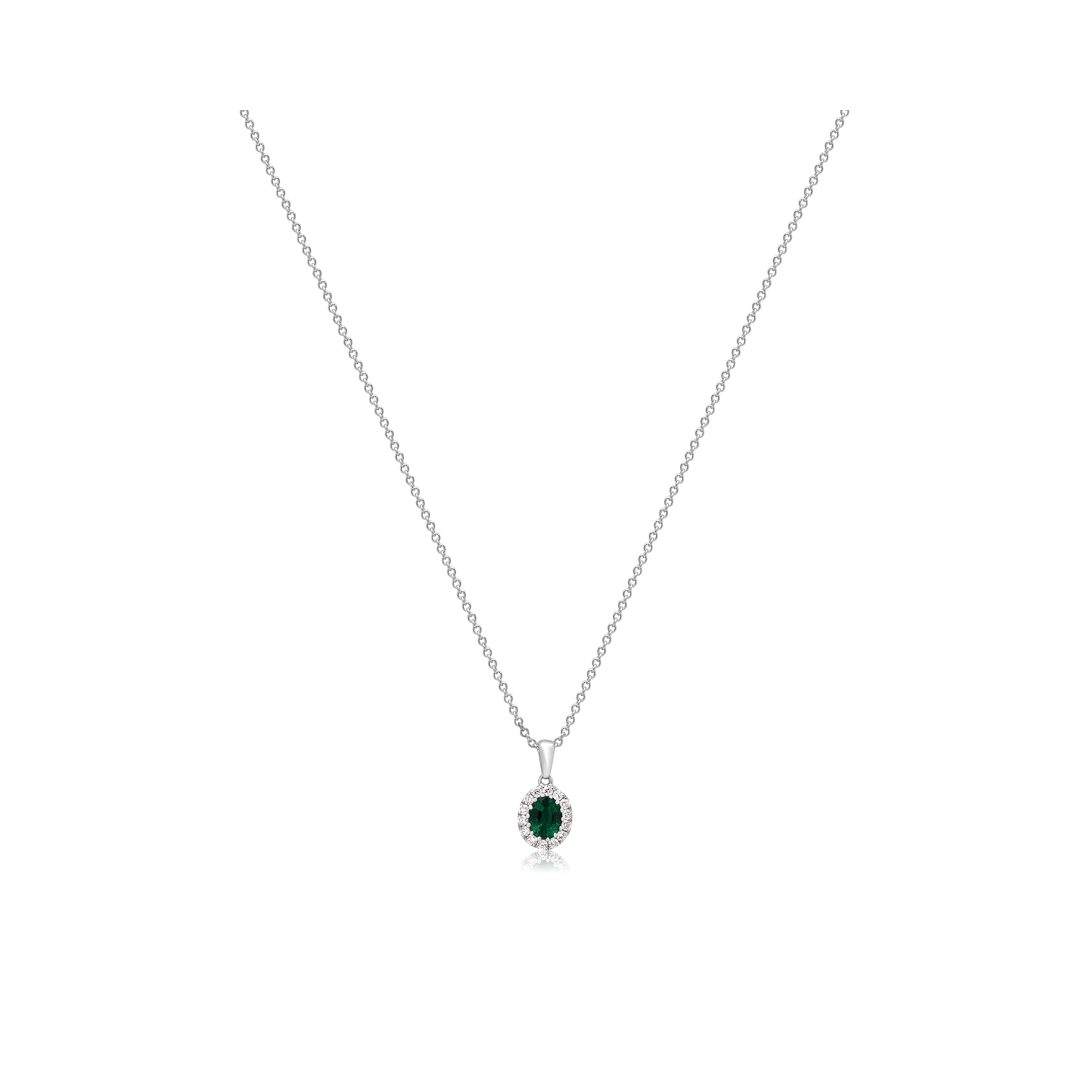 18ct White Gold Oval Shaped Emerald & Diamond Cluster Pendant & Chain An 18ct white gold oval shaped emerald and round brilliant cut diamond set pendant on an adjustable cable chain.