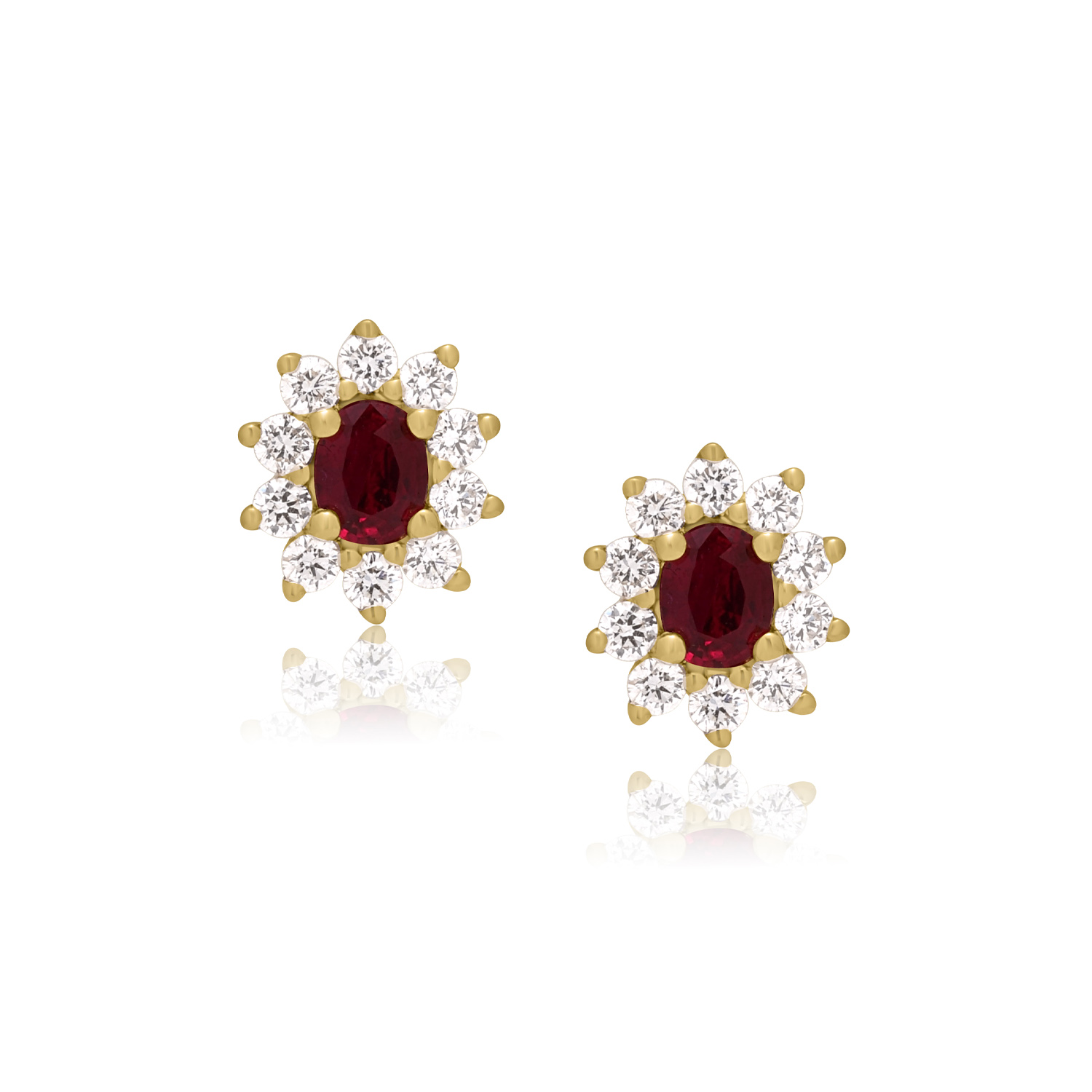 18ct Yellow Gold Oval Ruby & Diamond Cluster Stud Earrings A pair of 18ct yellow gold oval shaped ruby and round brilliant cut diamond cluster stud earrings, with a post and butterfly clip fastening for pierced ears.