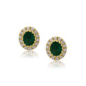 A pair of 18ct yellow gold oval shaped emerald and round brilliant cut diamond set cluster stud earrings, with a post and butterfly fastening for pierced ears.