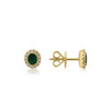 A pair of 18ct yellow gold oval shaped emerald and round brilliant cut diamond set cluster stud earrings, with a post and butterfly fastening for pierced ears.