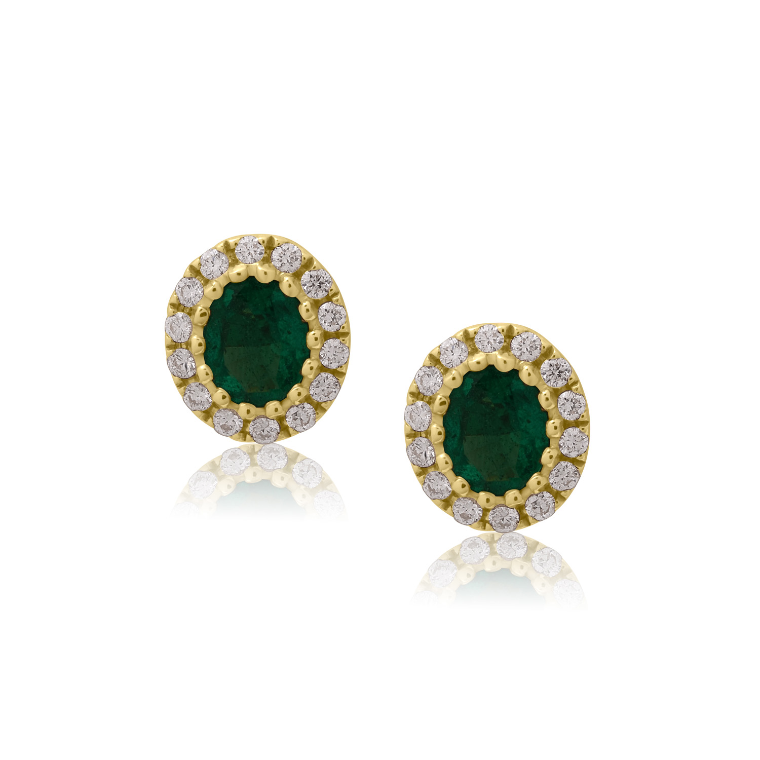A pair of 18ct yellow gold oval shaped emerald and round brilliant cut diamond set cluster stud earrings, with a post and butterfly fastening for pierced ears.