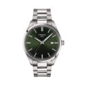 Tissot PR 100 with a 40mm stainless steel case and bracelet strap featuring a date function and a dark green dial.