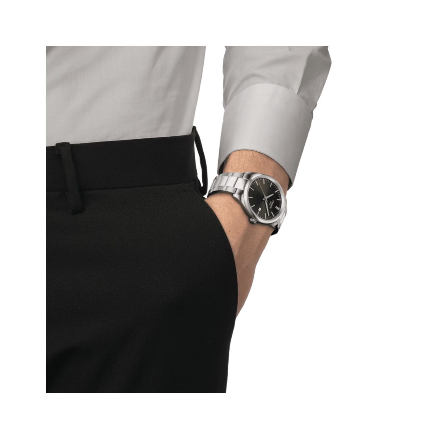 Tissot PR 100 with a 40mm stainless steel case and bracelet strap featuring a date function and a dark green dial.