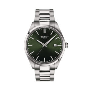 Tissot PR 100 with a 40mm stainless steel case and bracelet strap featuring a date function and a dark green dial.