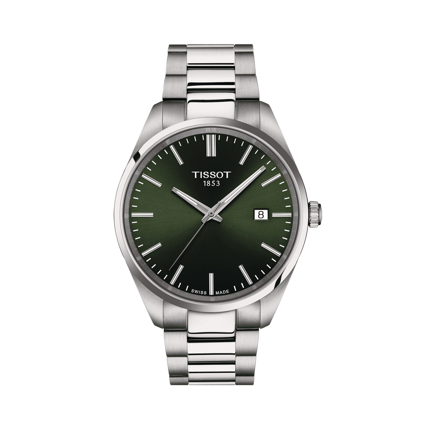 Tissot PR 100 with a 40mm stainless steel case and bracelet strap featuring a date function and a dark green dial.
