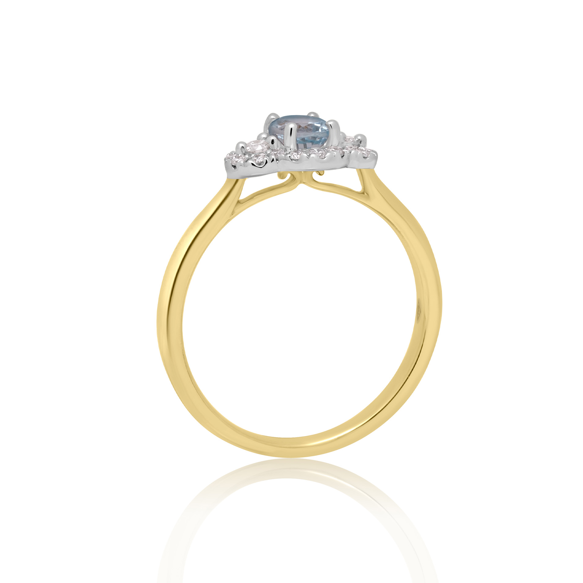 An 18ct yellow gold and platinum oval shaped aquamarine and round brilliant cut diamond set fancy cluster ring.