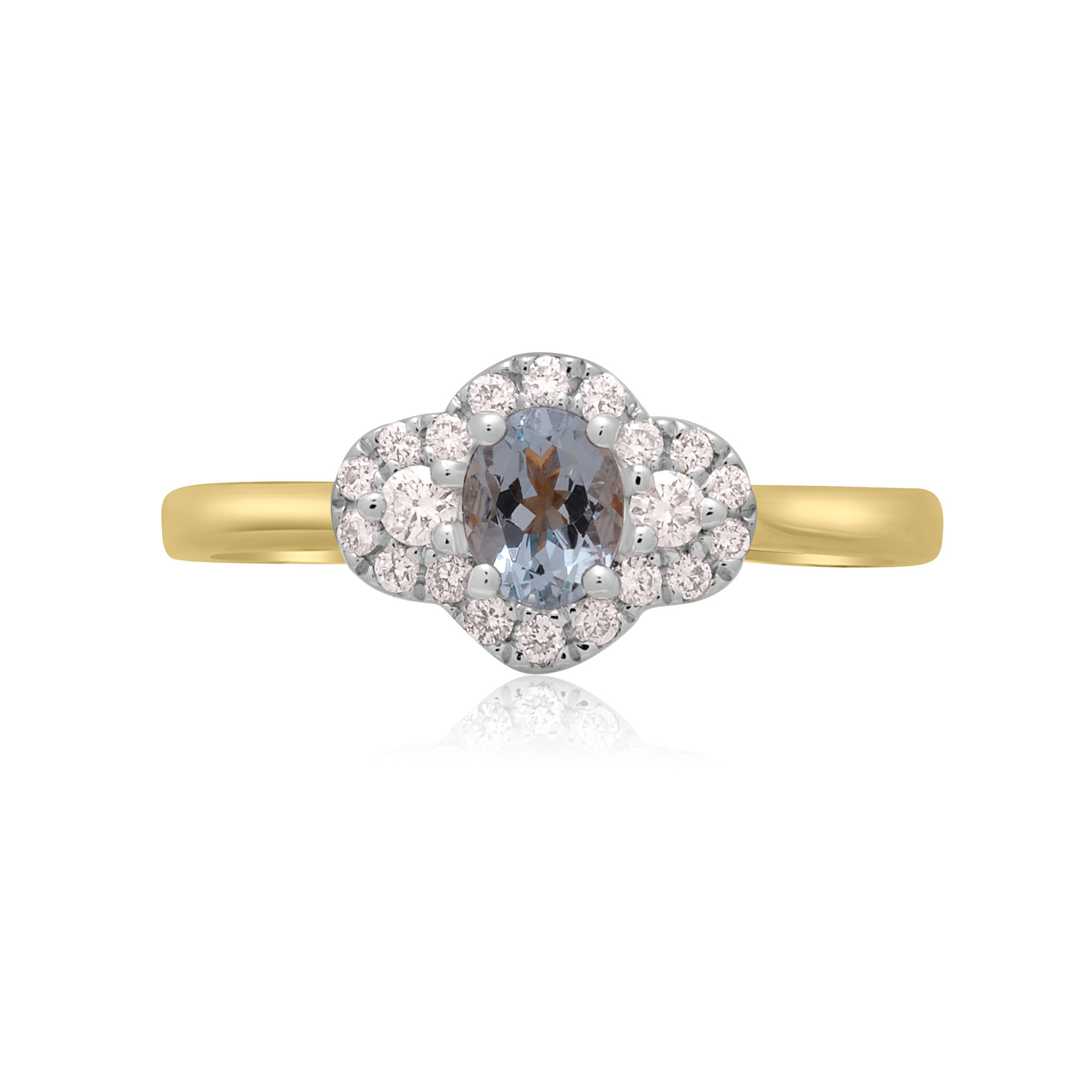An 18ct yellow gold and platinum oval shaped aquamarine and round brilliant cut diamond set fancy cluster ring.