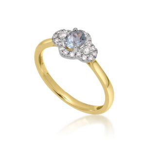 An 18ct yellow gold and platinum oval shaped aquamarine and round brilliant cut diamond set fancy cluster ring.