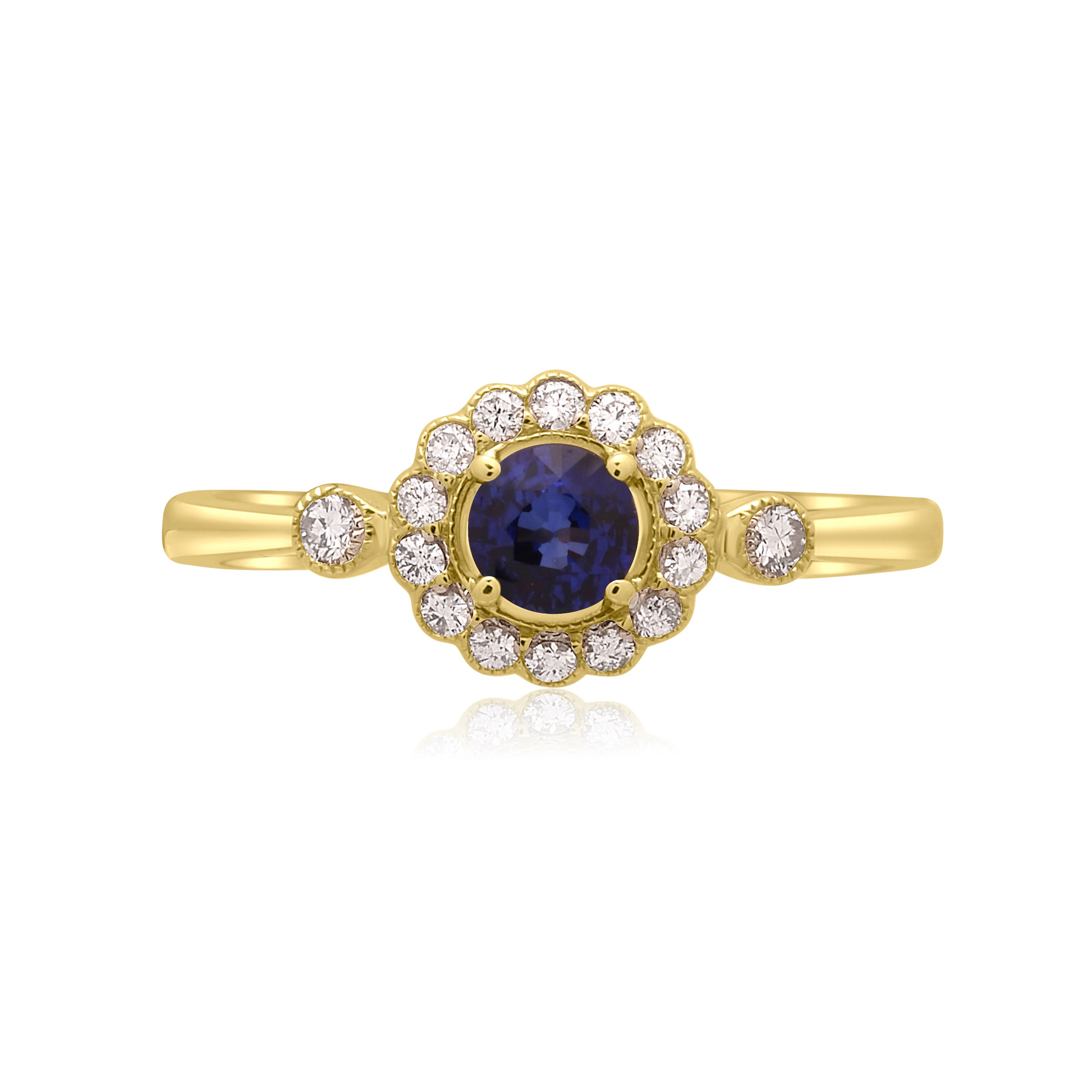 An 18ct yellow gold round sapphire and diamond millgrain set cluster ring with two diamonds set on each shoulder.