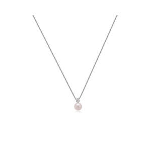 An 18ct white gold akoya pearl and rubover set diamond pendant on a chain.